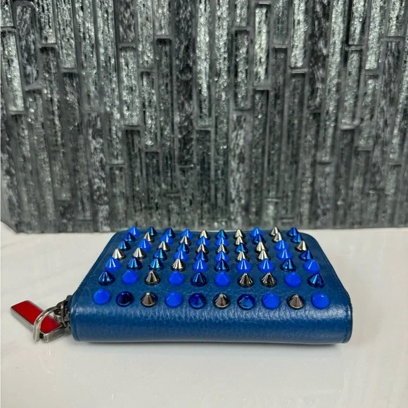 💙Christian Louboutin Panettone Blue Leather Multi Stud Spike Zip Wallet - Picture 6 of 14
